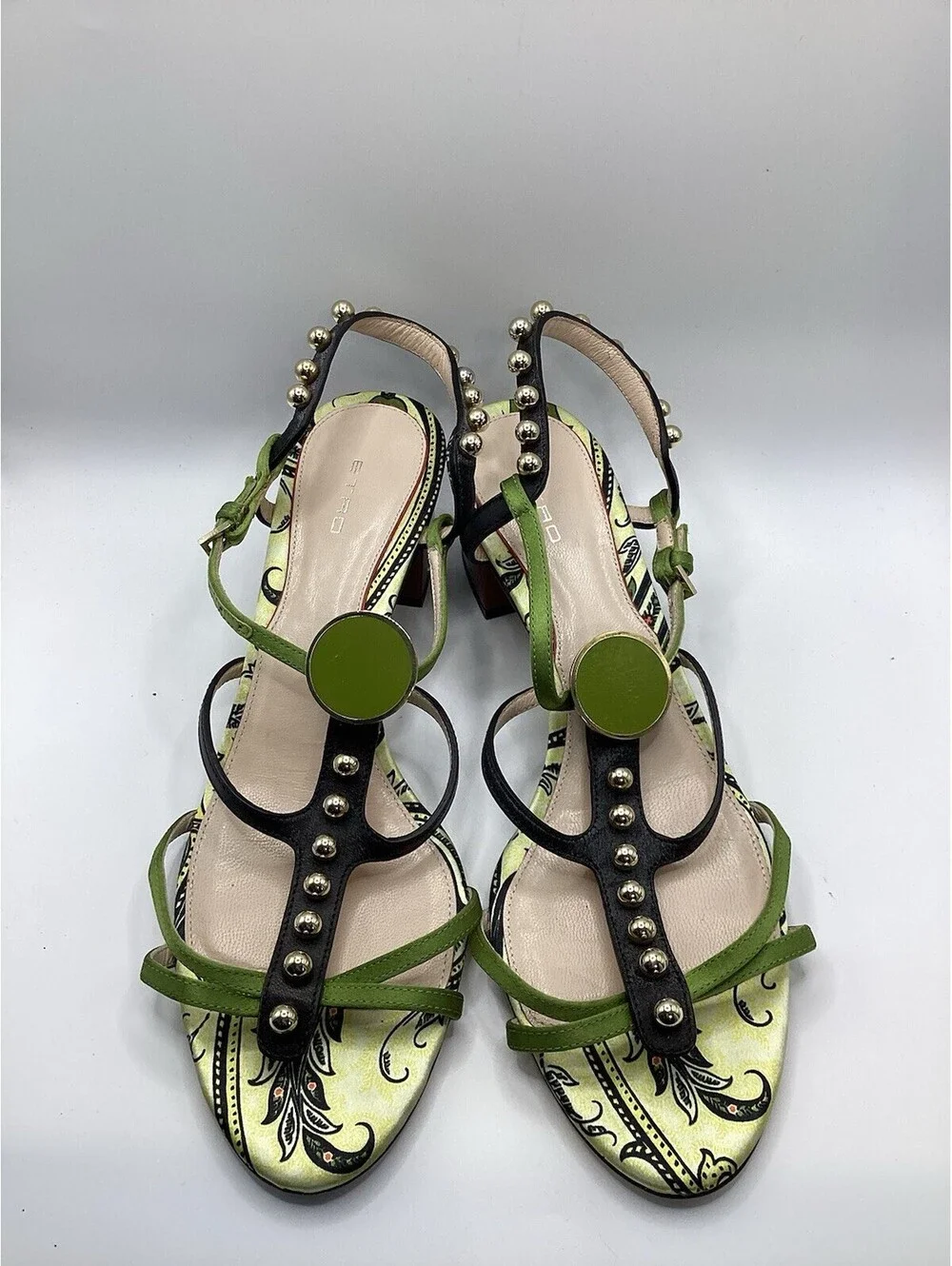 Etro Sandals Size 39 Green Black Studded Paisley Block Heel